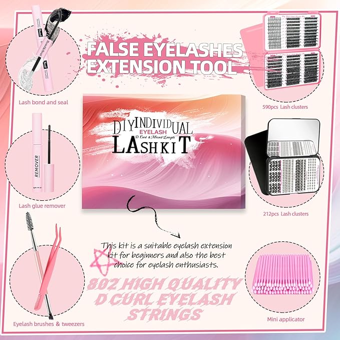 QUKLOGEN DIY Eyelash Extensions Kit with Spike Lash Cluster 802Pcs D Curl Wispy Individual Lashes Kit with Lash Bond and Seal,Quick Glue Remover Tweezers Eyelash Brush Mini Applicator