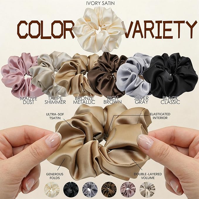 7PCS Premium Big Satin Hair Scrunchies for Women, 5 Inch Large Soft Scrunchies Hair Ties for Thick Hair, Elastic Ponytail Holders Hair Accessories for Women, Neutral