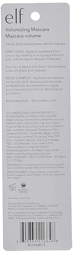 e.l.f. Cosmetics Volumizing Mascara, Mascara For Fuller, Thicker-Looking Lashes, Enriched With Vitamin E, Black,0.19 Fl Oz (Pack of 4)