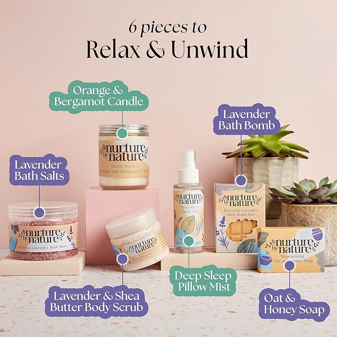 Nurture by Nature Spa Gifts for Women - Mothers Day Gifts for Mom, Self Care Gift Set & Spa Gift Basket for Women, 6 Piece Bath Set with Candle, Bath Bomb, Salts & Pillow Spray - Relaxation Gifts