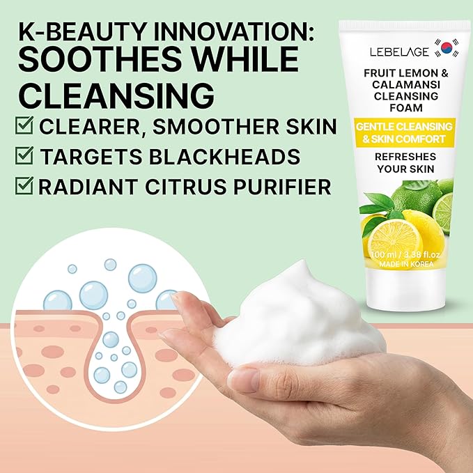 LEBELAGE Korean Lemon Facial Cleanser 3.38 oz | Cleansing Foam Face Wash | Low pH Gentle Hydrating Daily Facial Cleanser Sensitive Skin | Deep Cleansing Foaming Cleanser, Pore Care-All Skin Types