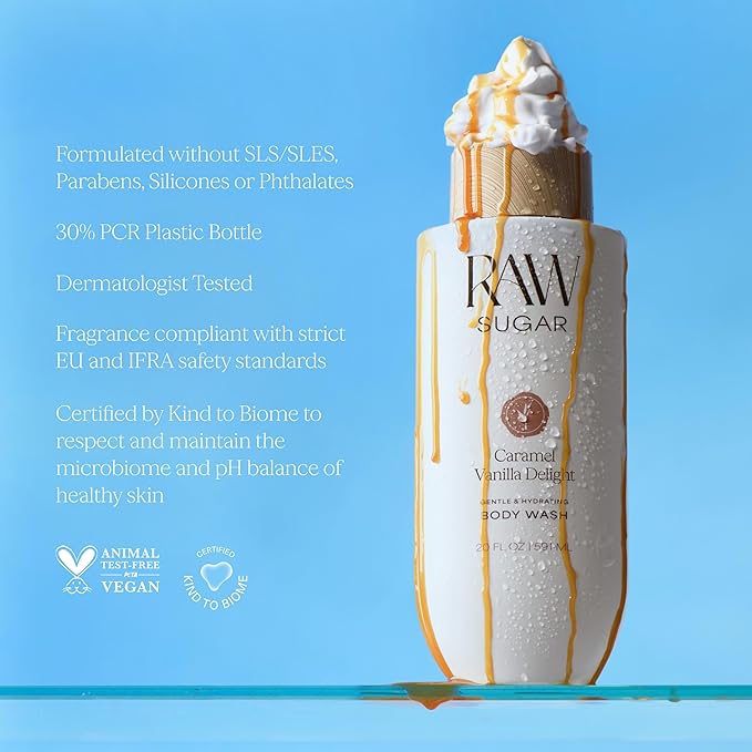 RAW SUGAR Body Wash, 20 fl oz (Pack of 3), Caramel Vanilla Delight