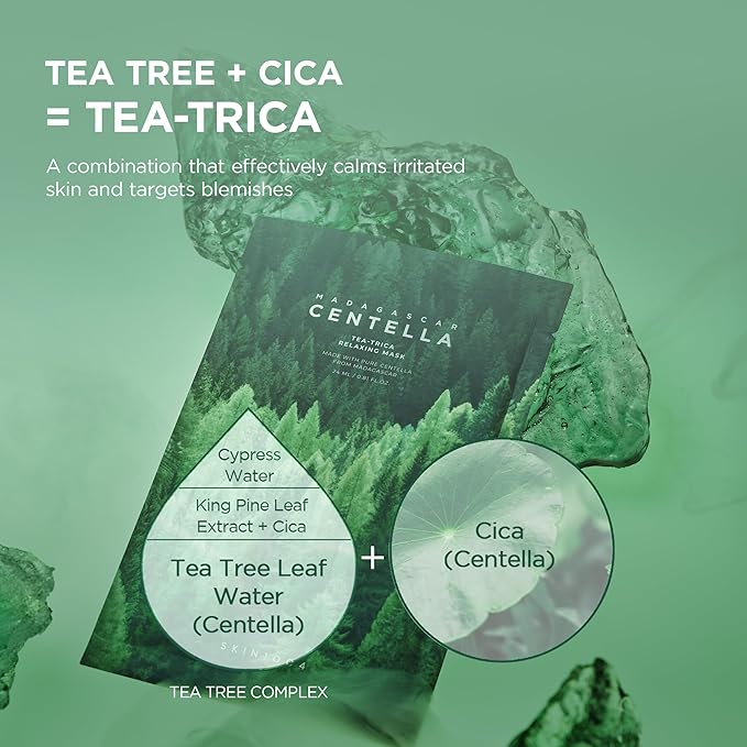 SKIN1004 Madagascar Centella Tea-Trica Relaxing Mask, Face Mask Skincare for Oily & Blemish Prone Skin, Soothing & Calming Relief Care for Sebum & Impurities, Korean Skin Care, 0.81 fl oz / 24ml * 5ea