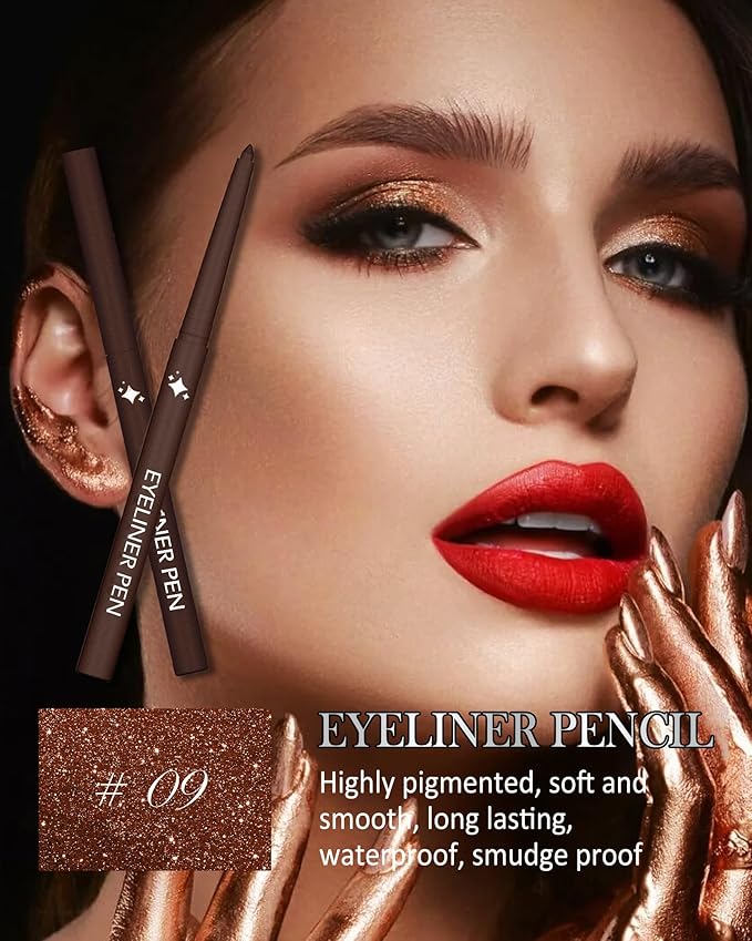 Glitter Brown Eyeliner Pencil,Glitter Gel Eyeliner Pencils, Waterproof Smudge Proof Long-Lasting Metallic Waterline Eye Liner, Precision Retractable Shine Pen for Mature Women Girls Eye Makeup- #09