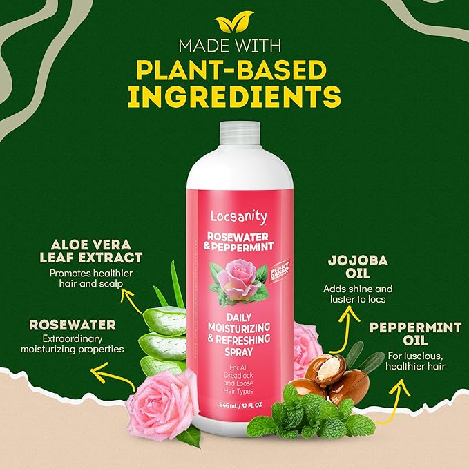 Loc Spray - Locsanity Daily Moisturizing Rosewater & Peppermint Spray for Locs, Dreadlocks - Lightweight Frizz Control Hair & Scalp Moisturizer - Natural Loc Care (32 fl oz)