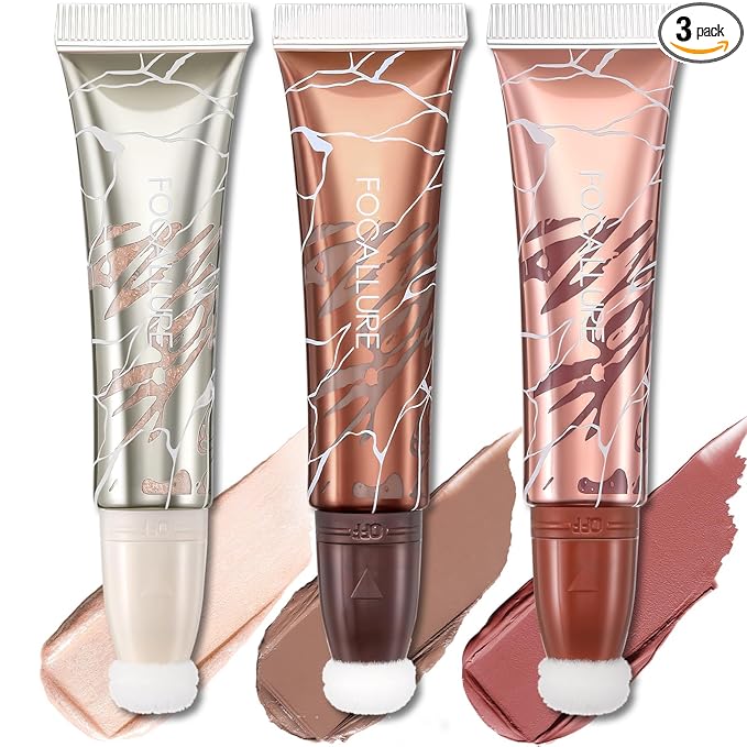 FOCALLURE 3 PCS Liquid Contour Stick,Moisturizing Highlighter,Blush and Bronzer,Silky Cream Contouring Pen with Soft Cushion Applicator,Long Lasting Face Illuminator Makeup,Bikini Beach