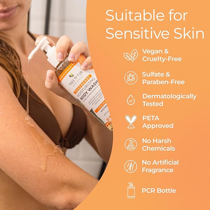 Tree To Tub Citrus Body Wash for Dry Skin & Sensitive Skin - pH Balanced Moisturizing Body Wash, Hydrating Sulfate Free Body Soap for Women & Men w/Organic Shea Butter, Aloe Vera, Natural Soapberry