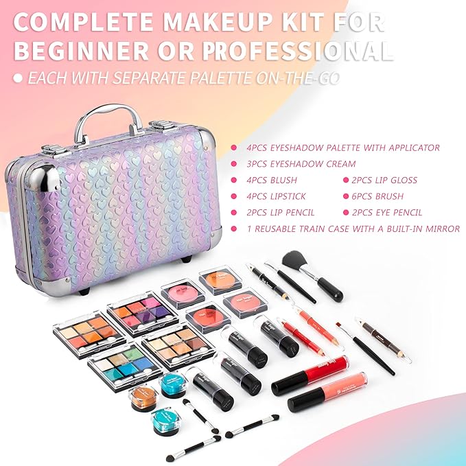 Hot Sugar All In One Makeup Set for Teenager Girls 13-15, Full Makeup Kit for Beginners Includes Eye Shadow Palette Blush Lip Gloss Lipstick Lip Pencil Eye Pencil Brush Mirror (Purple Heart)