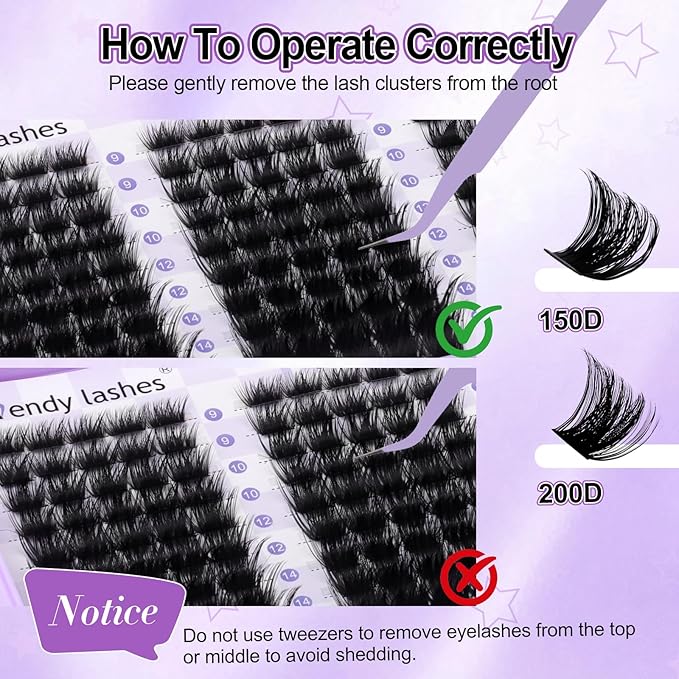 WENDY LASHES Clusters 150D+200D Eyelash Clusters 330PCS 9-16mm D Curl Natural Lashes Fluffy Wispy False Eyelashes DIY Cluster Eyelash Extensions