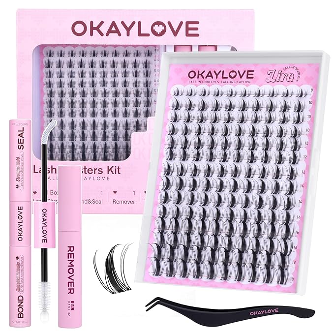 OKAYLOVE Manga Lash Clusters Kit with Spikes, LIRA 8-18mm DIY Cluster Eyelash Extensions Kit, 140pcs CC Curl Clear Band Individual Lashes with Lash Bond and Seal, Remover, Lash Tweezers