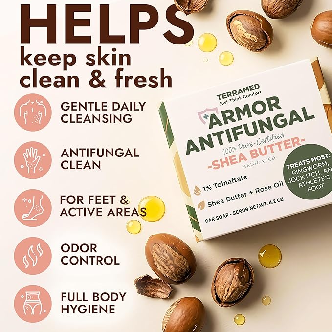 Antifungal Soap Infused with Shea Butter & Rose Oil | Medicated Jock Itch Treatment Helps Fight Ringworm & Athlete’s Foot | Tolnaftate 1% Antifungal Soap for Deep Cleansing | Pack of 2 Bars with Case