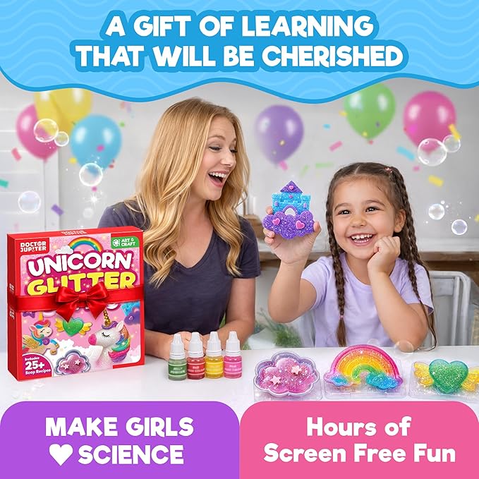 Doctor Jupiter Unicorn Glitter Soap Making Kit for Kids, Unicorn Toys for Girls Ages 4-5-6-7-8 | Crafts for Girls, Birthday Gift Ideas for 4+ Year olds | 25+ Soap Recipes