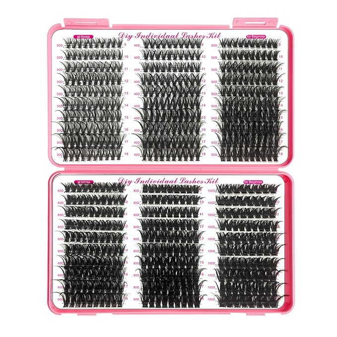 DNSGOOR DIY Lash Extension Kit 590Pcs 9-18mm D Curl Lashes Clusters with Lash Bond and Seal Glue Remover Lash Shampoo Cleansing Brush Headband Wristband Tweezers Eyelash Brush Applicator