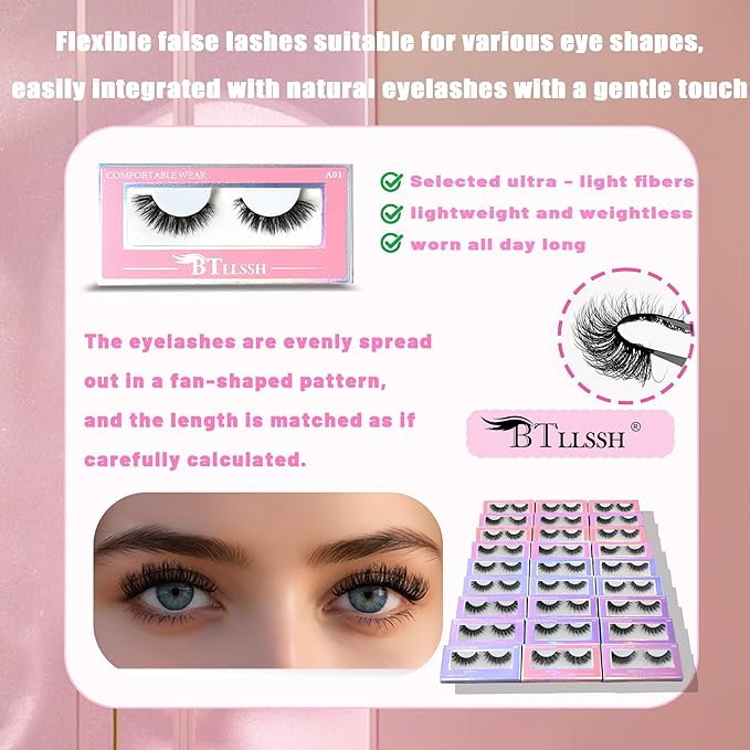 Mink Lashes MIX Fluffy 16mm Stirps Lash Volume False Eyelashes 27Pairs 8D Cat Eye Lashes D Curl Dramatic Soft Eyelash Long Lash Strips Lashes Pack That Look Like Extensions