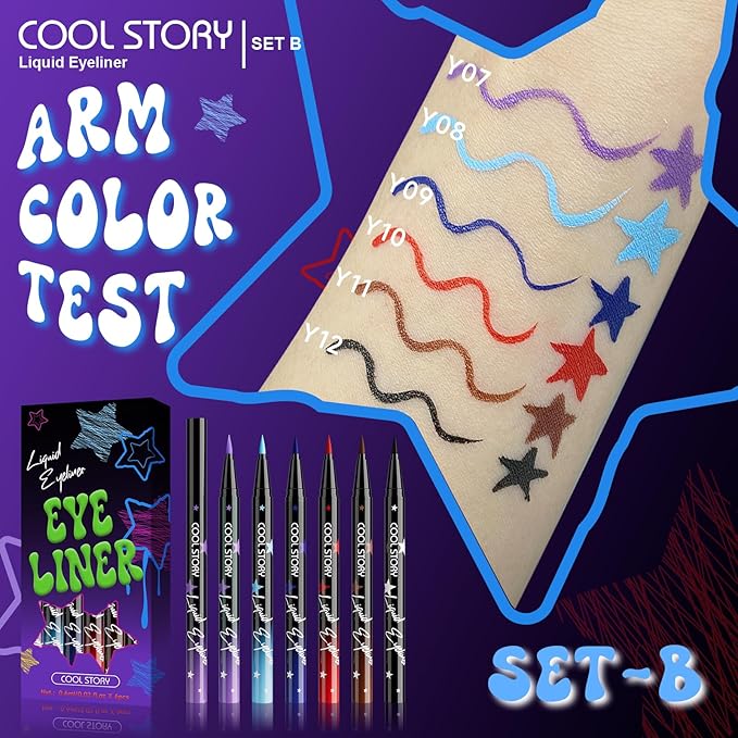 COOL STORY Liquid Eyeliner Waterproof Smudge Proof Colorful Eye Liner 24H Long-Lasting Makeup (SET-B)