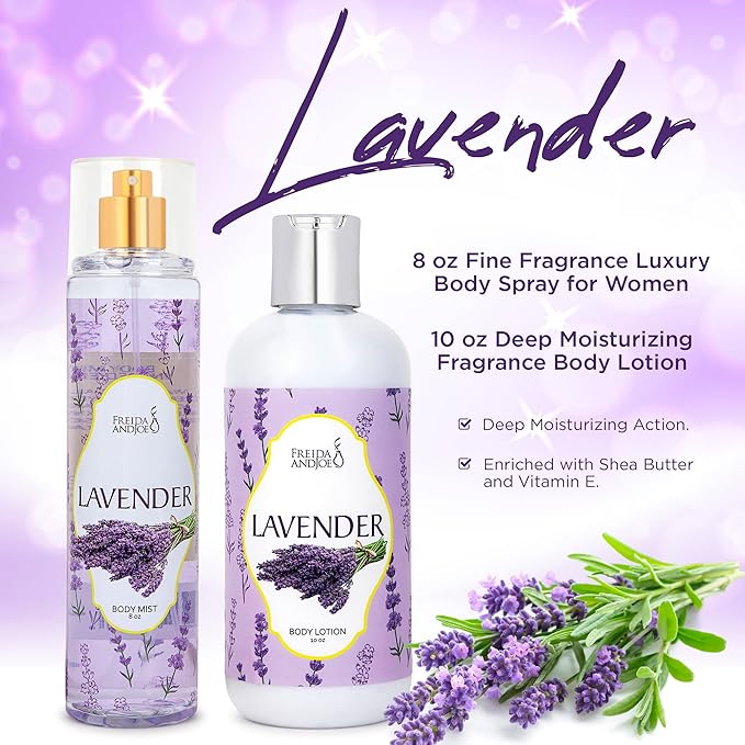 Home Spa Gift 10oz Deep Moisturizing Fragrance Body Lotion & 8 oz. Fine Fragrance Body Mist Set Luxury Self-Care Combo for Women and Girls (Lavender) – Mother's Day Gift for Mom