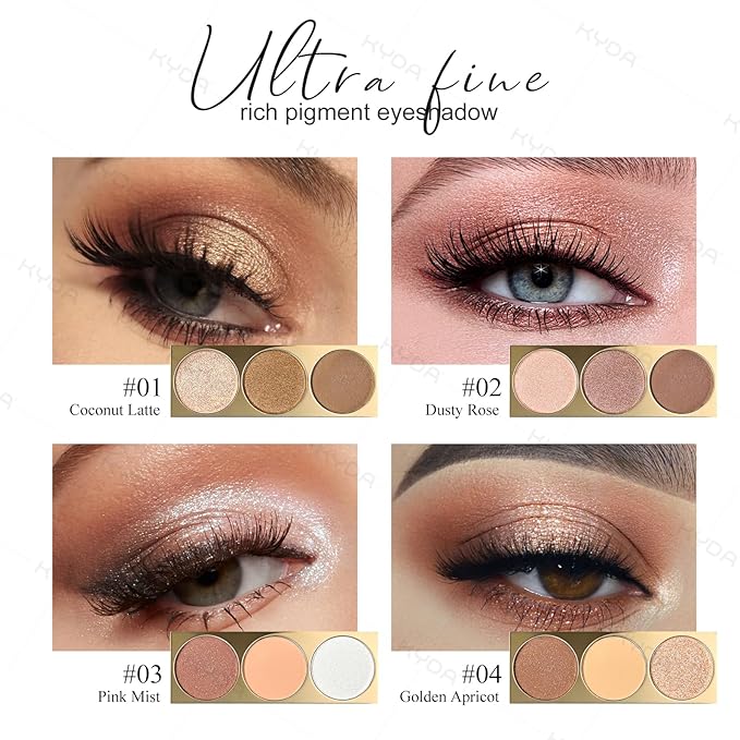 KYDA 3 Colors Eyeshadow Plaette, Shimmer Rose Golden Brown Eyeshadow, Pearl Champagne Eyes Shadow, Lasting High Pigmented Warm Rosy Eye Shadow, Mini Eyes Glitter Makeup Pallet for All Skin