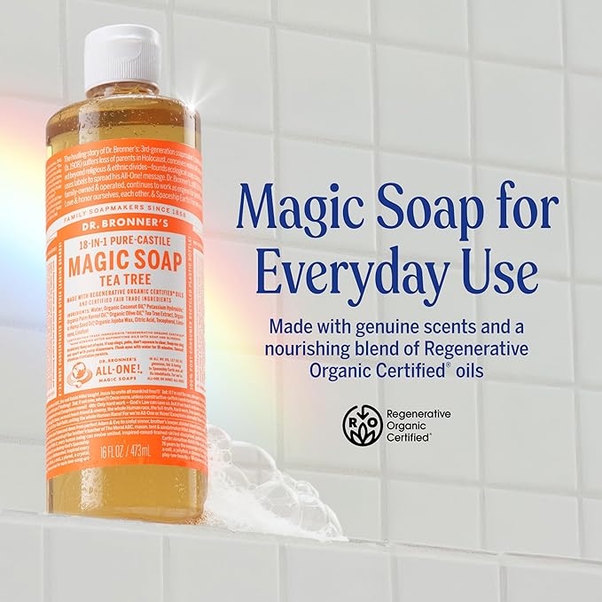 Dr. Bronner's Pure-Castile Magic Soap Liquid (Tea Tree, 8 Ounce) – Made with Regenerative Organic Oils, 18-in-1 Uses for Face, Hair, Laundry, Dishes, Hand Soaps & Body Wash – Natural, Vegan, Non-GMO