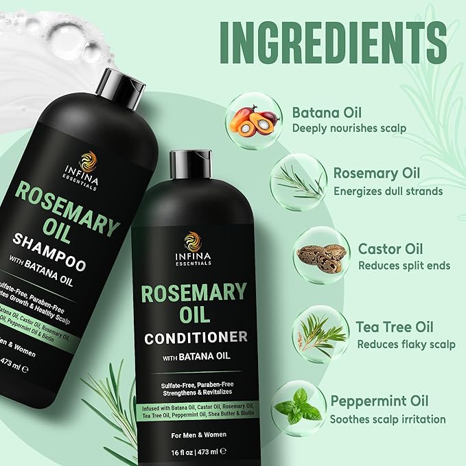 INFINA ESSENTIALS Rosemary Oil Shampoo and Conditioner Set | 16 fl oz Each | with Batana Oil & Biotin | Sulfate-Free Thickening Formula for Thinning Hair | For Men & Women | Made in USA
