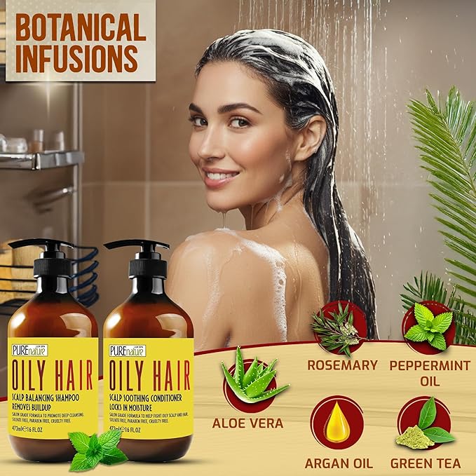 Oily Hair Shampoo and Conditioner Set - Sulfate Free Moisturizing Cleanse for Oily, Flaky Scalps - Fights Dandruff and Itchiness - Salon Professional Formula - For Men and Women - 16 Fl Oz (Set of 2)