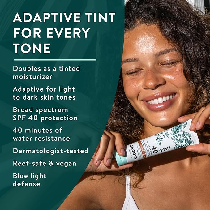 Badger Tinted Sunscreen for Face SPF 40, Lightweight Tinted Mineral Sunscreen w/Sheer Tint Warm Finish for Light or Dark Skin, No White Cast, 80% Organic, Water Resistant, Unscented, 1.7 floz, 2 Pack