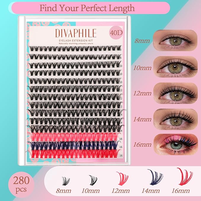 Lash Extension Kit DIY 280pcs Individual Lash Clusters Eyelash Extension Kit, 8-16mm False Eyelash Clusters with Lash Bond and Seal, Lash Tweezers for Self Application (40D Kit with Colors)