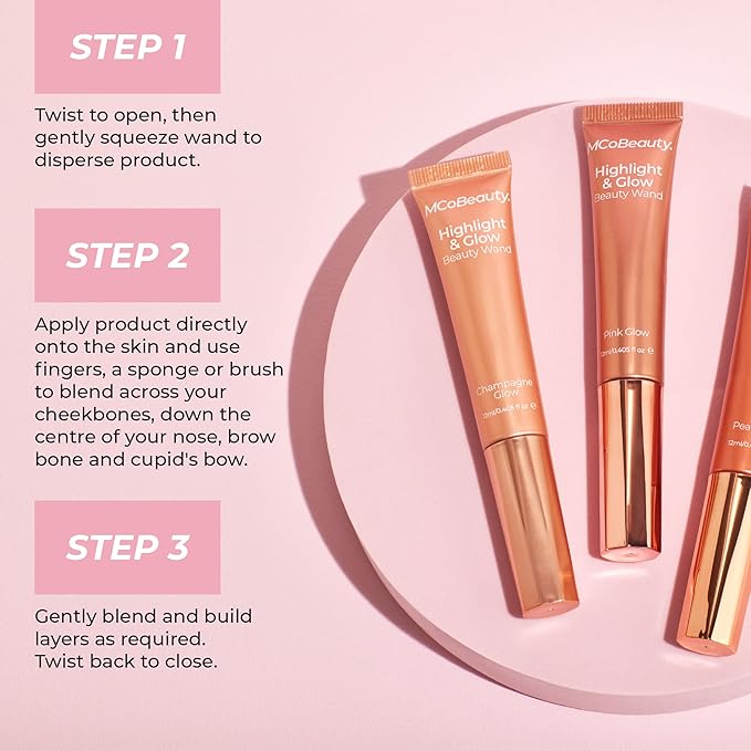 MCoBeauty - Highlight and Glow Beauty Wand - Buildable Liquid Highlighter - Blush Glow Shade - Liquid Cream with Cushion Applicator for Soft, Radiant Finish - Highlighters Makeup