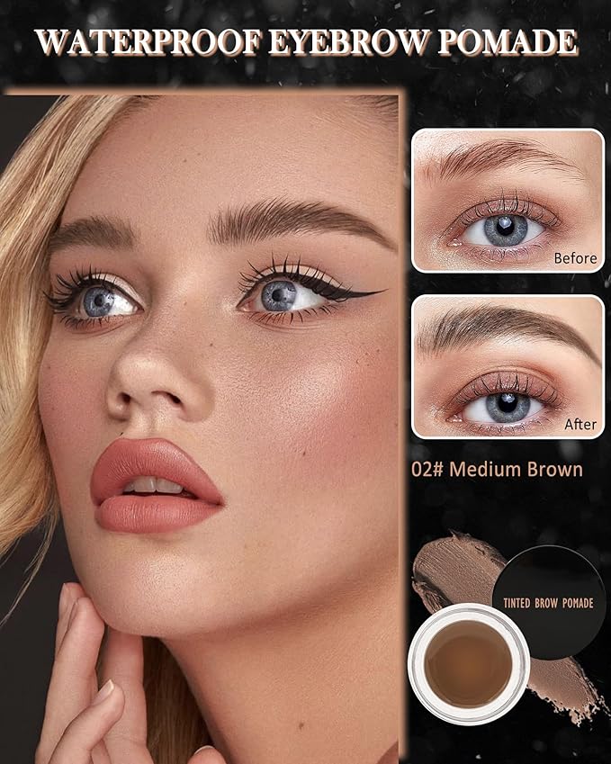 Eyebrow Pomade Kit,Long Lasting Waterproof Medium Brown Tinted Eye Brow Pomade Set with Brush Razor,Smudge-proof Eyebrow Cream Tint Brow Tinting Gel,Christmas Makeup Gift for Women Girl-02