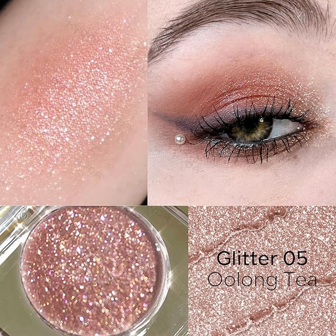 KYDA Single Glitter Eyeshadow, Champagne with Dark Brown Base, Dark Champagne Sparkling Eyes Glitter, Lasting Blendable Shimmer Eyes Shadow, Soft Buildable Glossy Color, Wet Look Effect, Oolong Tea