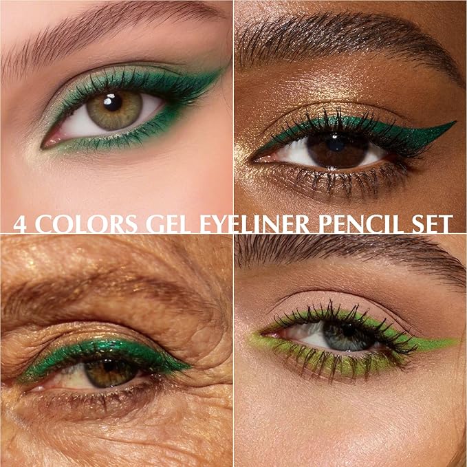 4Pcs Green Eyeliner Pencil, Sharpenable Gel Eye Liner Pen Waterproof Smudge proof, Matte Glitter Waterline Eyeliner for Older Women Smooth Cream Eyeshadow Stick Highly Pigmented Eye Makeup