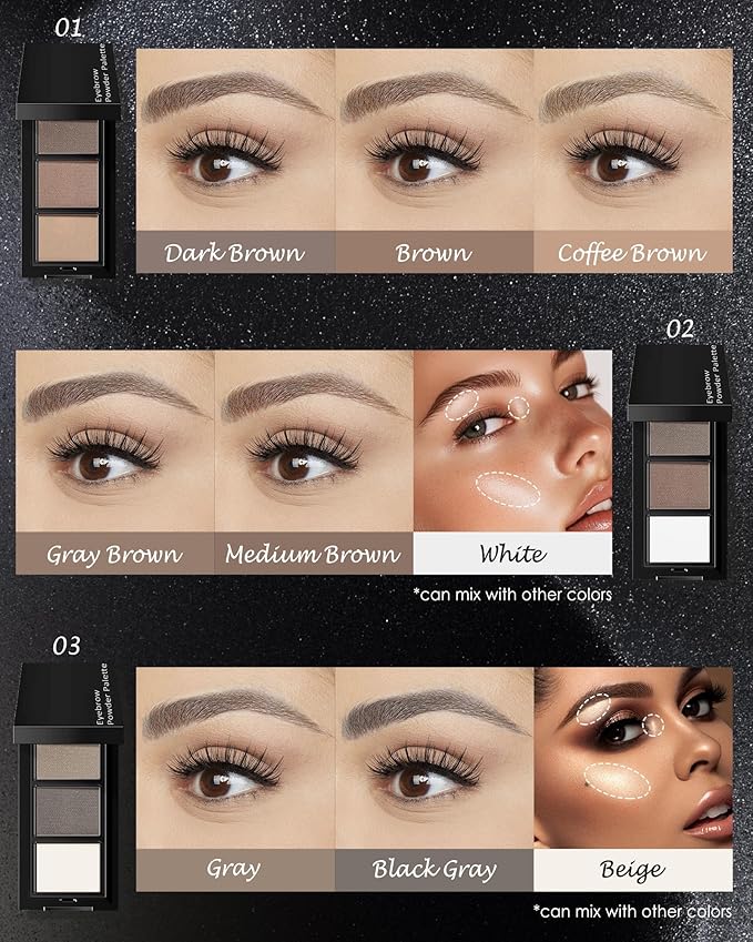 3 Color Eyebrow Powder Palette Kit, Black Gray Brown & Beige Eye Brow Powder for Women, Long-Lasting Waterproof Tinted Brow Filler, With Mirror & Eyebrows Brush Makeup Set, Defined Natural Brows-B03