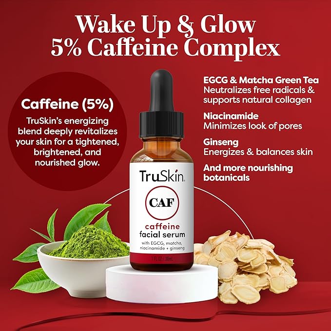 TruSkin Caffeine Face & Eye Serum - Energizing 5% Caffeine Serum with EGCG Niacinamide Matcha and Ginseng - Improve Look of Under Eye Dark Circles and Puffiness, 1 fl oz