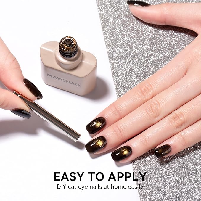 MAYCHAO 15ML Black Gold Cat Eye Gel Nail Polish 1Pc Glitter Soak off Holographic Magnetic Nail Polish for Nail Art Manicure Salon DIY at Home, 0.5 OZ