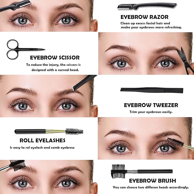 Eyebrow Razor Kit, 12 in 1 Professional Eyebrow Grooming Set, Including 3 Razors Trimmer,1 Tweezer,2 Scissors,2 Replacement Blades,1 Eyelashes Roller,2 Brushes,1 Storage Bag
