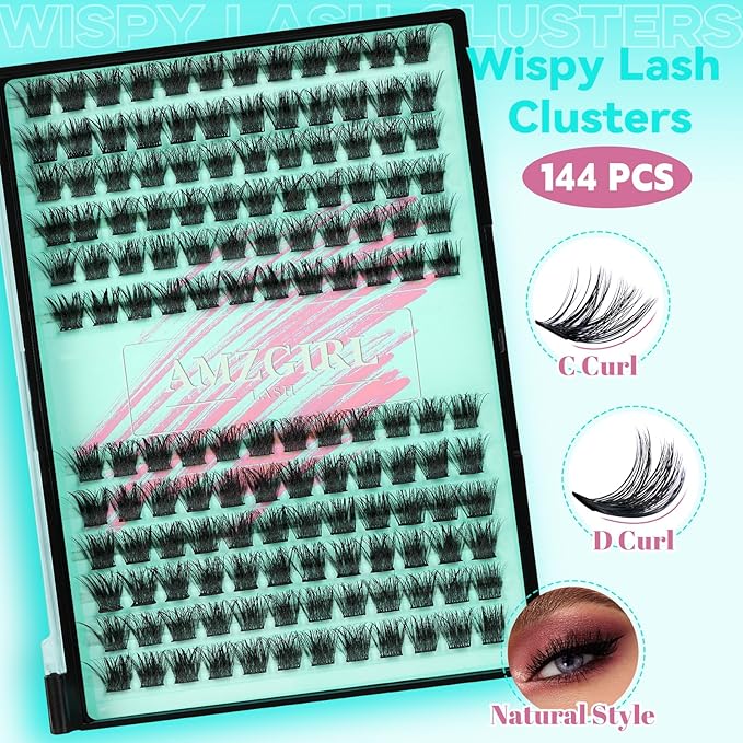 Wispy Lash Clusters Eyelash Extensions 144pcs Individual Lashes Cluster 10mm D Curl Fake Eyelash with Thin Band DIY Cluster Lashes At Home For Beginners (D-10mm)