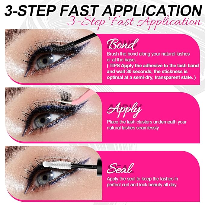 Lash Bond and Seal Black Eyelash Glue Waterproof Lash Clusters Glue for Cluster Lashes Strong Hold 150Hour Eyelash Adhesive at Home（5ml Black Bond+5ml Clear Seal）