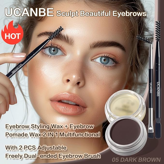 UCANBE Waterproof Eyebrow Gel + Eyebrow Styling Wax 2 in 1 Makeup Kit with 2 Pcs Dual-ended Adjustable Freely Eyebrow Brush Makeup Long Lasting Eyebrows (05 Gel/Dark Brown Pomade, Standard)