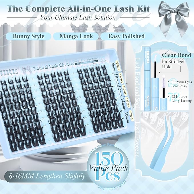 Manga Lash Clusters Wispy Lash Extension Kit 8-16MM Anime Lash Clusters Kit with Bond and Seal Lash Glue Natural Eyelash Clusters Kit 150Pcs C Curl Bunny Cluster Eyelash Extensions by JIMIRE