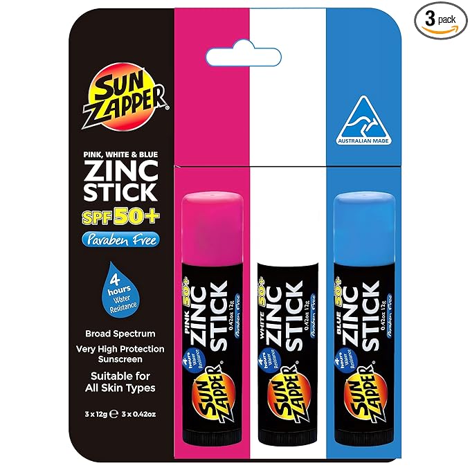 Sun Zapper Zinc Sunscreen Stick 3-Pack SPF 50+ Pink White Blue – Mineral Sunscreen Sticks for Face, Water Resistant Sunblock for Kids and Family, Travel Size 12g (0.42 oz), Australian Made