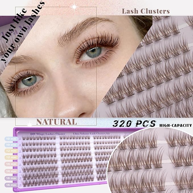Wispy Lash Clusters Kit, Natural Lash Cluster Eyelash Extensions 320 Pcs C Curl 10-16mm Individual Fluffy False Eyelashes Thin Band DIY Kit for Beginners at Home