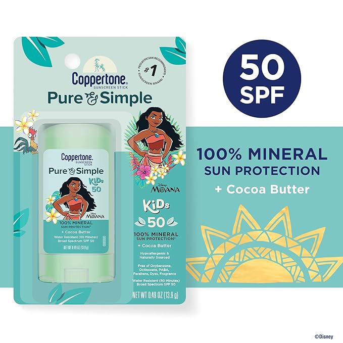 Coppertone Pure and Simple Kids Exclusive Disney Moana Sunscreen Stick SPF 50, Hypoallergenic, Mineral Sunscreen for Kids, Water Resistant, Oxybenzone and Octinoxate Free, 0.49 Oz Stick