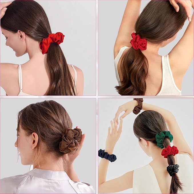 100% Pure Mulberry Silk Hair Scrunchies, 16 Momme Silk Scrunchies, Silk Hair Ties for Women Girls Curly Thick Thin Hair, Set of 4, 13 Pink & Brown