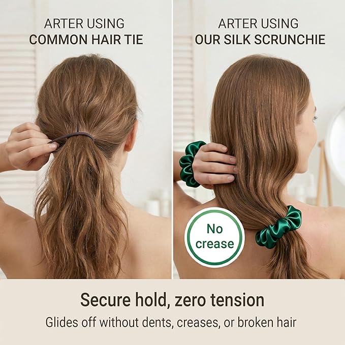 ZLYC 100% Mulberry Silk Scrunchie 19 Momme Gentle Creaseless Hair Tie for Women Dent-Free Ponytail Holder, 3.5cm Solid Dark Green