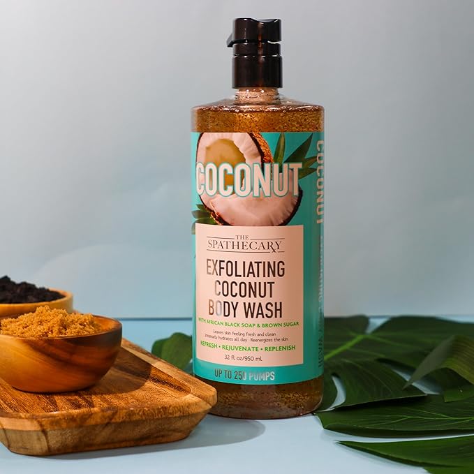 Exfoliating Coconut Body Wash, with African Black Soap and Brown Sugar to Refresh and Rejuvenate, 33 oz