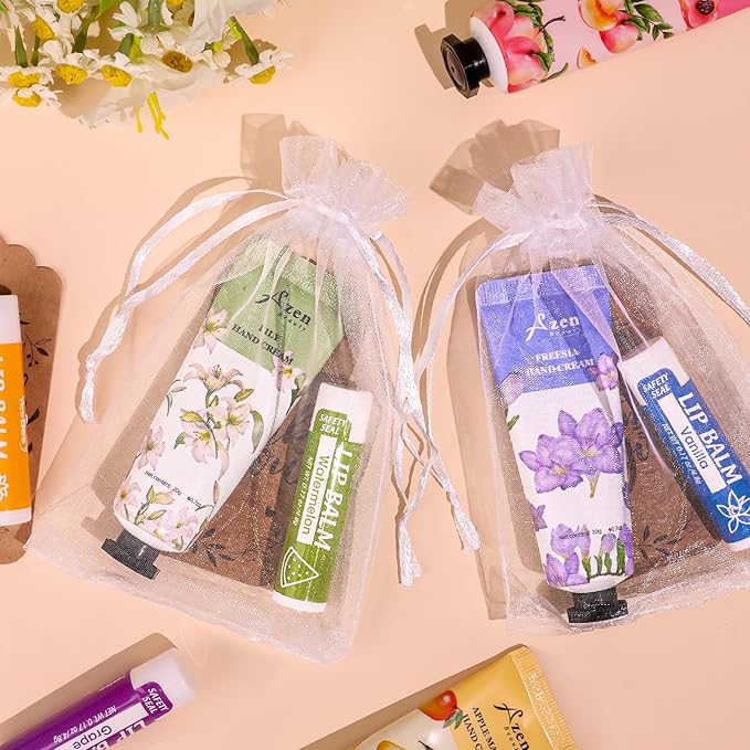 AZEN 16 Sets Bulk Gifts, Hand Cream and Lip Balm Bulk Set with Organza Bag Thank You Card, Baby Shower Wedding Gift for Guests, Bridal Wedding Favors for Guests, Mothers Day Gifts Stocking Stuffers