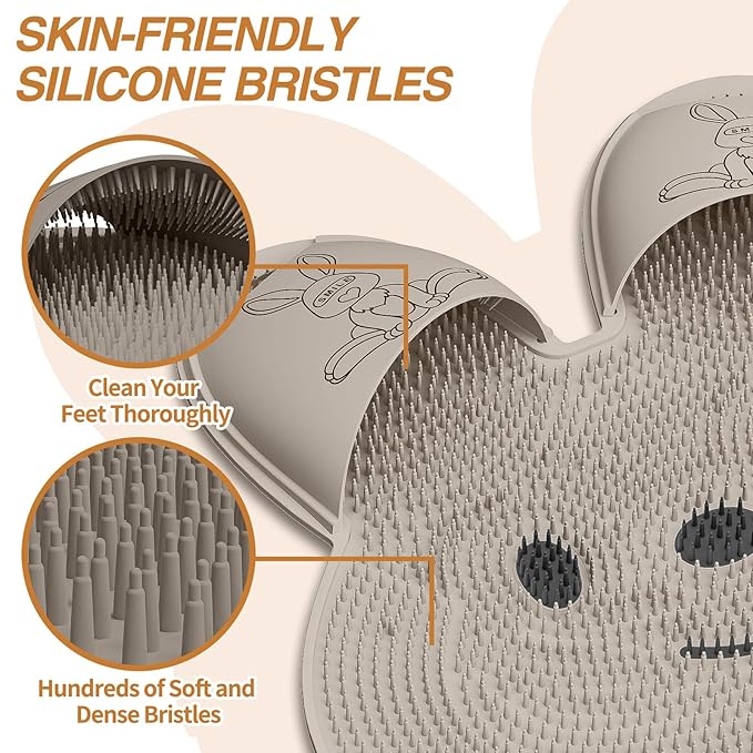 Manmihealth Upgrade Shower Foot Scrubber Mat with Non-Slip Suction Cups, Rabbit-Shaped Silicone Foot Scrubber in Shower for Men & Women (Khaki)