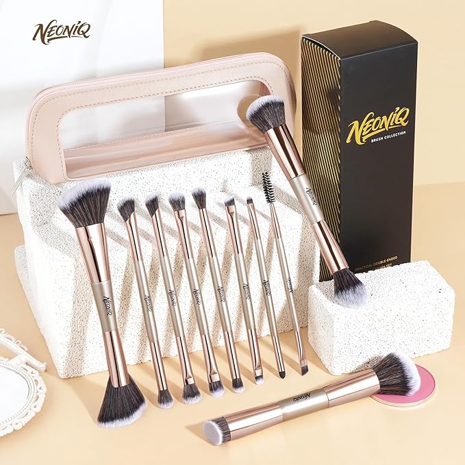 10 PCS Travel Makeup Brush Set With Bag, Makeup Brushes, Double-End Multi-functional Brushes for Foundation Powder Blush Eyeliner Eyeshadows, Professional Face Brush Set（Champagne Gold）