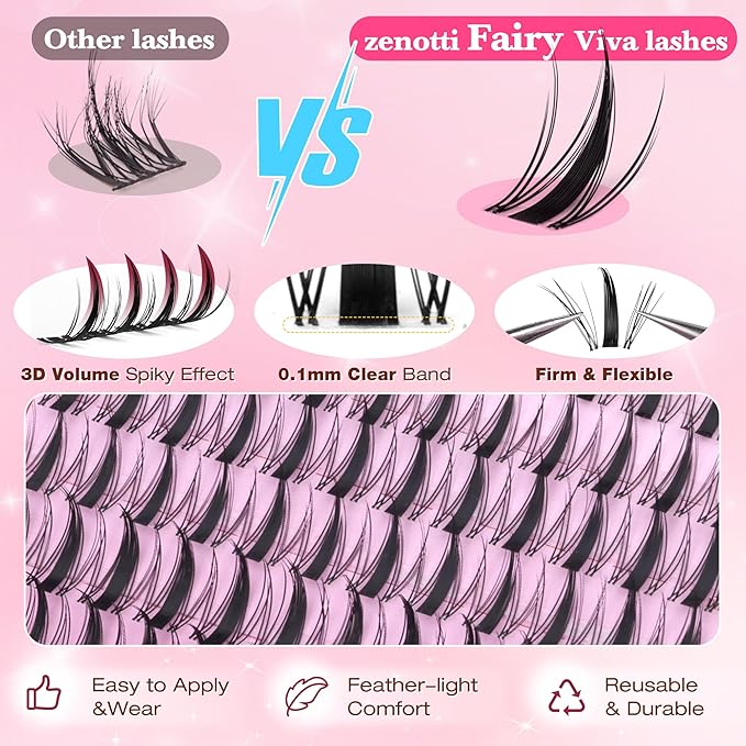 Fairy Lash Clusters Manga Eyelash Clusters Natural Wispy Cluster Eyelash Extensions with Invisible Band Viva Spiky Individual Lashes DIY Salon Look Lash Extension at Home by zenotti (144pcs 8-18mm)
