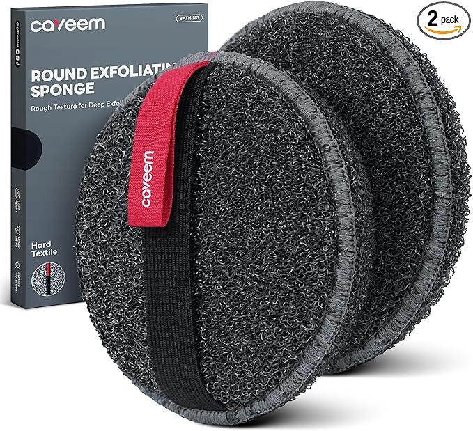 Caveem Round Exfoliating Body Scrubber, Shower Exfoliator Sponge, Body Scrub for Removing Dead Skin, Bath and Body Buffer, Round Exfoliating Sponge for Shower - 2 Pack (Dark Grey)
