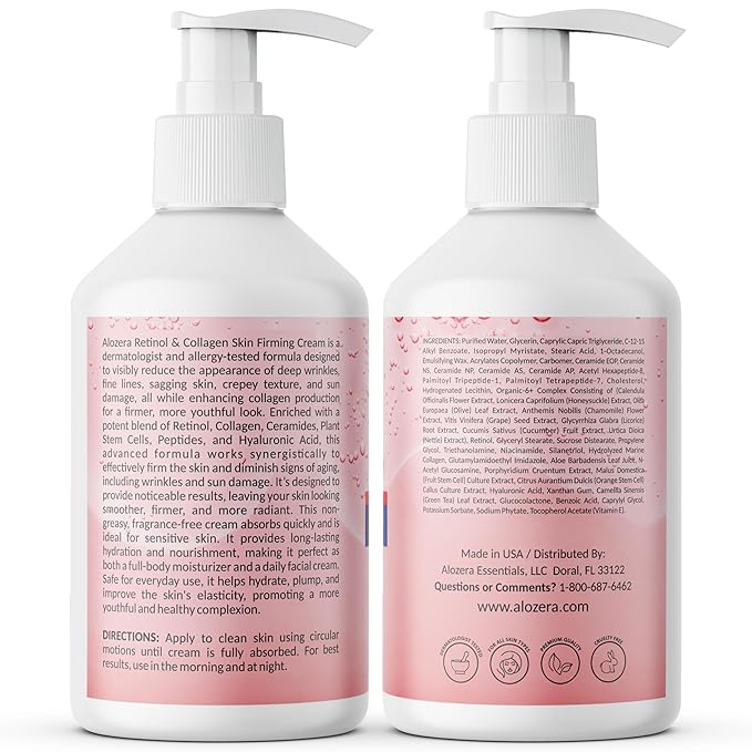 Alozera Firming Body Lotion, Retinol & Collagen Anti-Aging Body Moisturizer, Lightweight & Fast Absorbing Lotion for Crepey Skin, Improves Skin Elasticity, No Added Fragrance, 16.9 oz (Pack of 2)